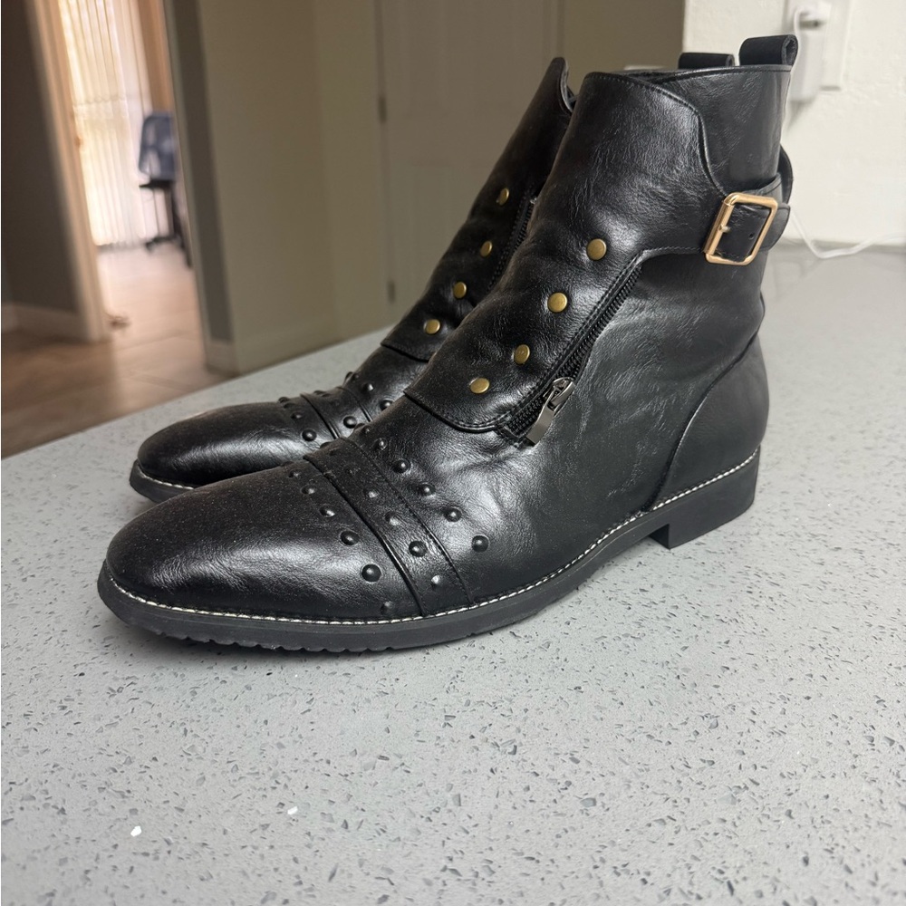 Black Leather Ankle Boots with Studs